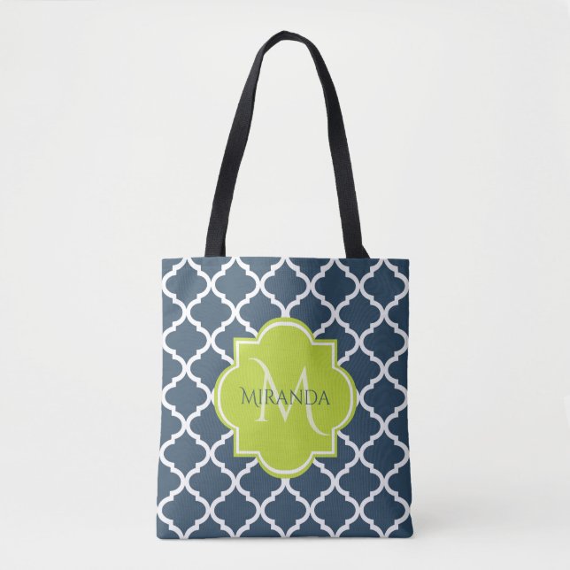 Elegant Monogram Navy Green Quatrefoil and Name Tote Bag (Front)