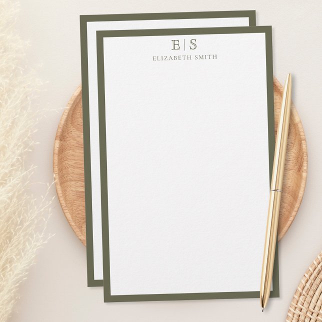Elegant Monogram Olive Green Border Stationery (Creator Uploaded)