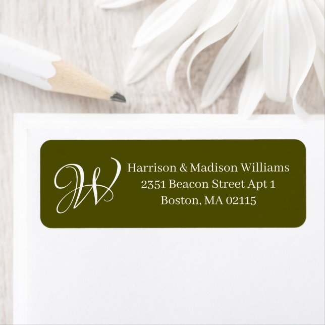 Elegant Monogram olive moss green return address (Insitu)