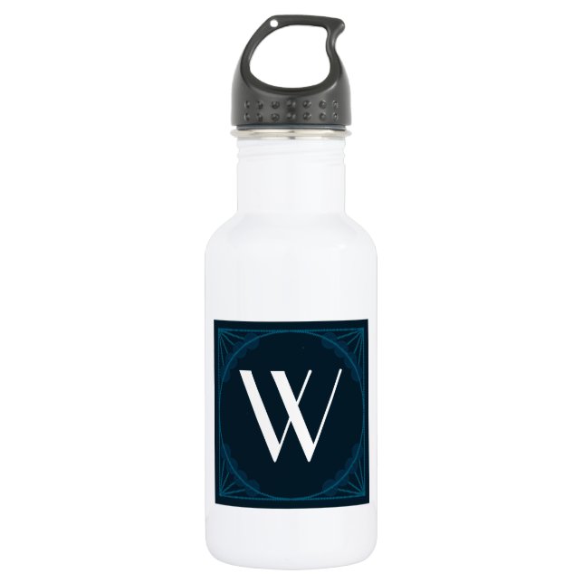 Elegant Monogram on a Blue Art Deco Square 532 Ml Water Bottle (Front)
