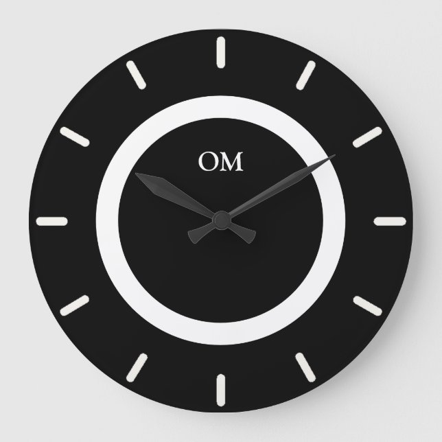Elegant Monogram on Black and White Large Clock (Front)