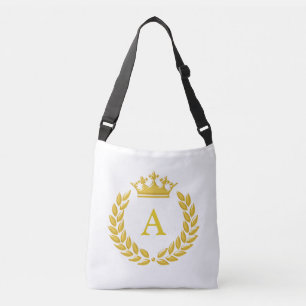 Elegant Monogram on Golden Crown & Laurel on White Crossbody Bag