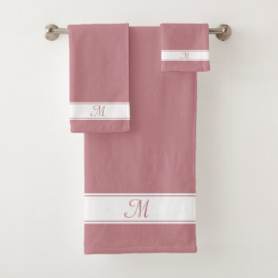 Elegant Monogram on White & Dusty Rose Pink Bath Towel Set