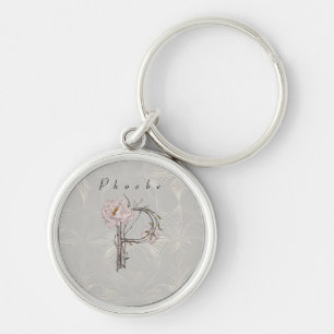 Elegant Monogram P: Peonies, Tree Bark & Vines Key Ring