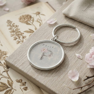 Elegant Monogram P: Peonies, Tree Bark & Vines Key Ring