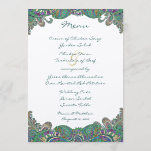 Elegant Monogram Paisley Peacock Colours Wedding Menu