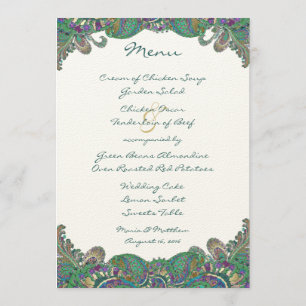 Elegant Monogram Paisley Peacock Colours Wedding Menu