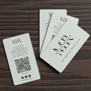 Elegant Monogram Pale Green Social Media & QR Code Business Card