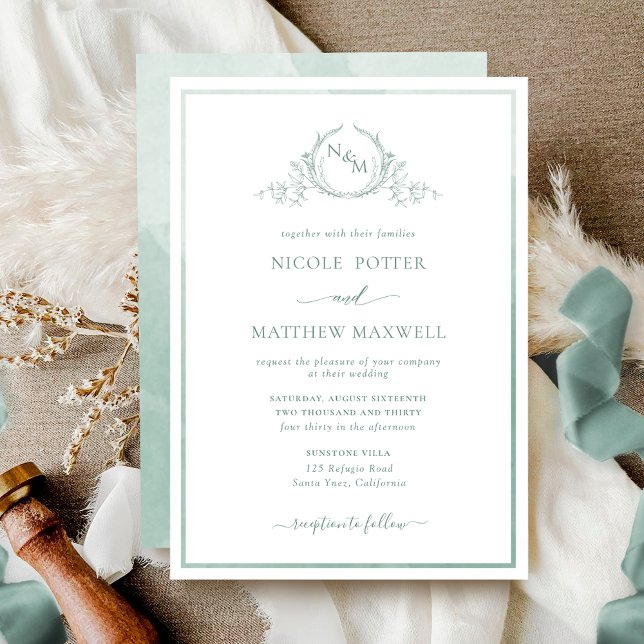 Elegant Monogram Pale Green Watercolor Wedding Inv Invitation (Creator Uploaded)