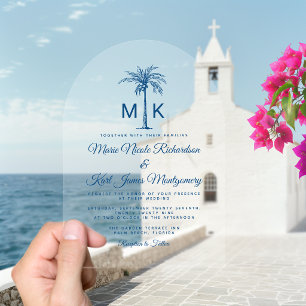 Elegant Monogram Palm Tree Formal Beach Wedding Acrylic Invitations