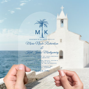 Elegant Monogram Palm Tree Formal Beach Wedding Acrylic Invitations