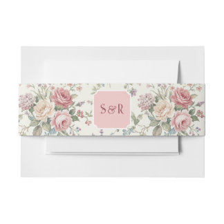 Elegant Monogram Pastel Roses Shabby Chic Wedding  Invitation Belly Band