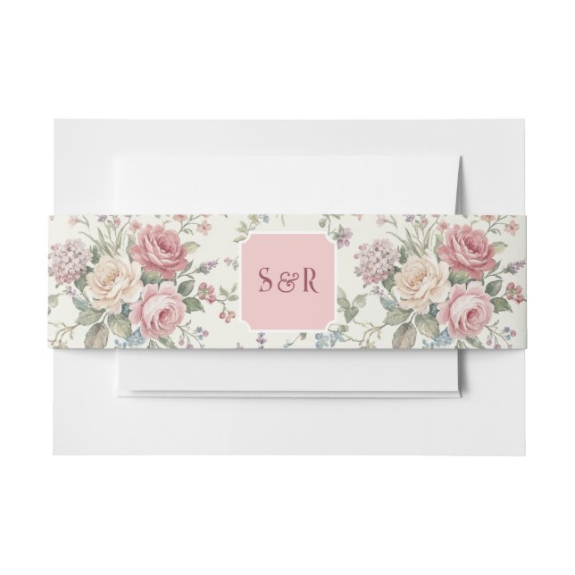 Elegant Monogram Pastel Roses Shabby Chic Wedding  Invitation Belly Band (Front Example)