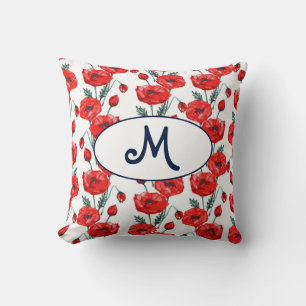 Elegant monogram pattern with red poppy flowers cushion