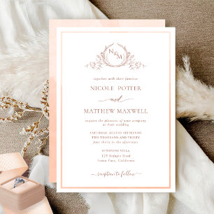 Elegant Monogram Peach Watercolor Wedding Invitation