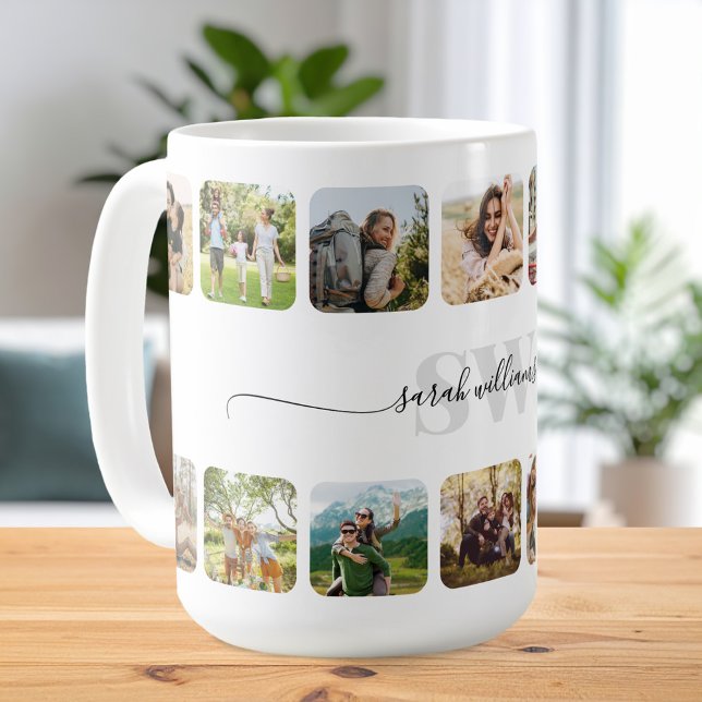 Elegant Monogram Personalised 14 Photo Collage Coffee Mug (Creator Uploaded)