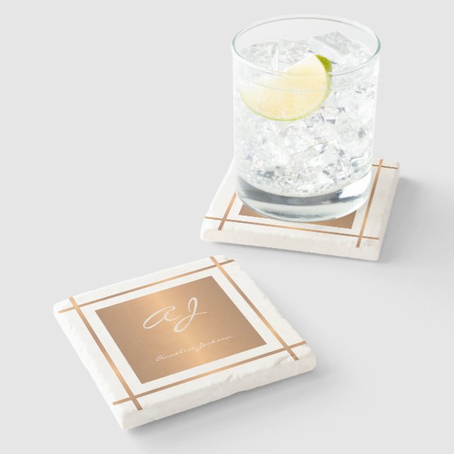 Elegant monogram personalised gold script name stone coaster (Side)
