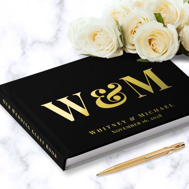 Elegant Monogram Photo Black Wedding Guest Book (Creator Uploaded)