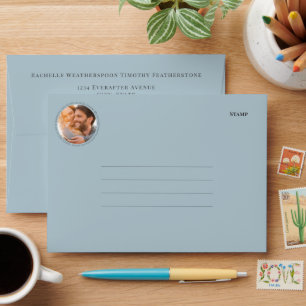 Elegant Monogram Photo Blue Grey Wedding Envelope