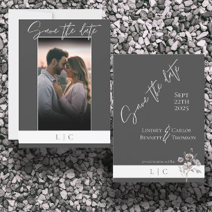 Elegant Monogram Photo Caligraphy Dark Grey Save The Date