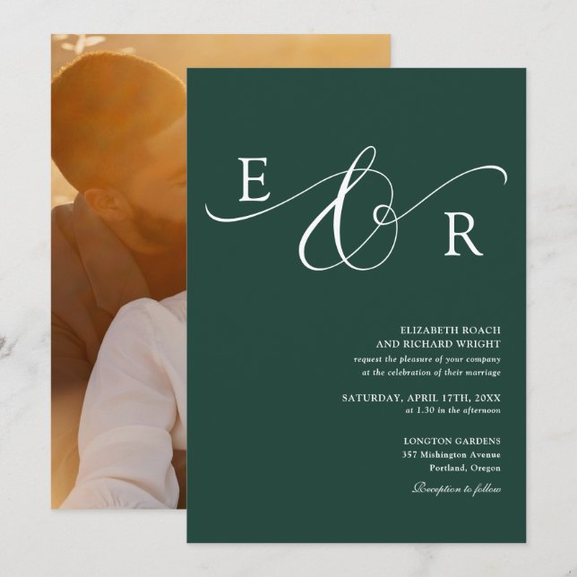Elegant Monogram Photo Emerald Green Wedding Invitation (Front/Back)