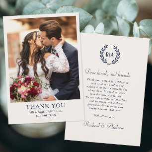 Elegant Monogram Photo Navy Blue Wedding Thank You Card