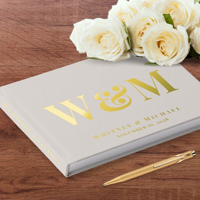 Elegant Monogram Photo Taupe Wedding Guest Book (Creator Uploaded)