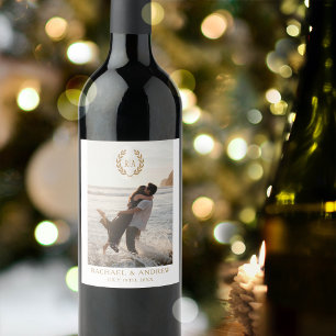 Elegant Monogram Photo Wedding Wreath Gold Wine Label