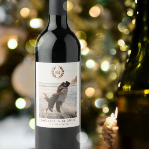 Elegant Monogram Photo Wedding Wreath Terracotta Wine Label