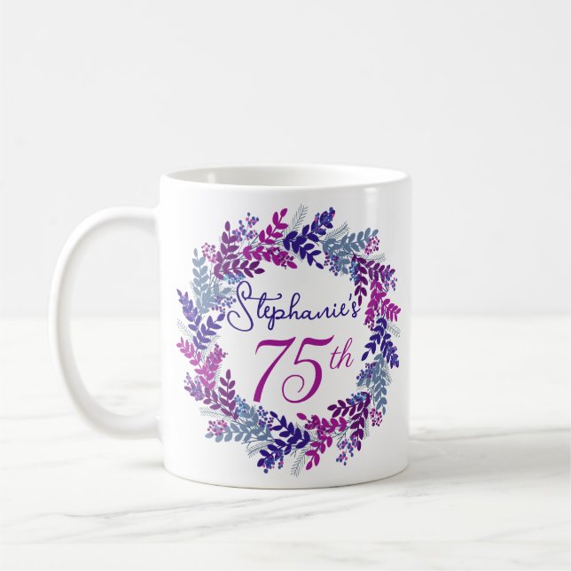 Elegant Monogram Pink and Purple 75th Birthday Coffee Mug (Left)
