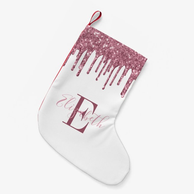 Elegant Monogram Pink Faux Glitter Drips Small Christmas Stocking (Front (Hanging))