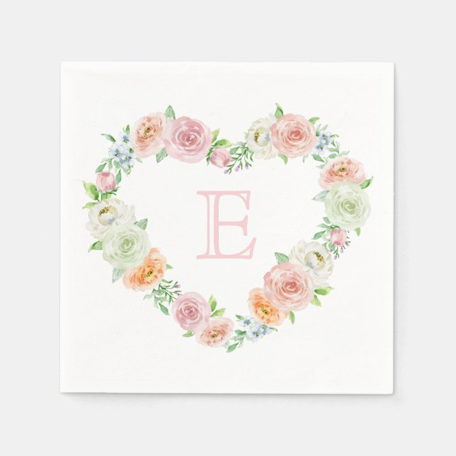 Elegant Monogram Pink Floral Heart Wedding Napkin (Front)