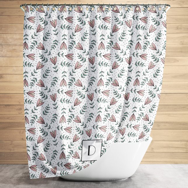 Elegant Monogram Pink Floral Pattern Shower Curtain (Elegant Monogram Pink Floral Pattern Shower Curtain)