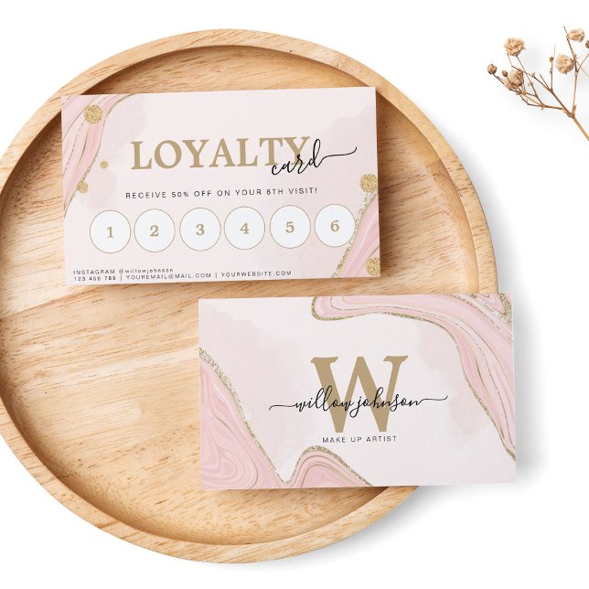 Elegant Monogram Pink Gold Glitter Marble Agate Loyalty Card (Creator Uploaded)