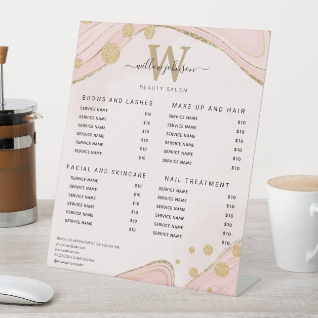 Elegant Monogram Pink Gold Marble Agate Price List Pedestal Sign (In SItu)