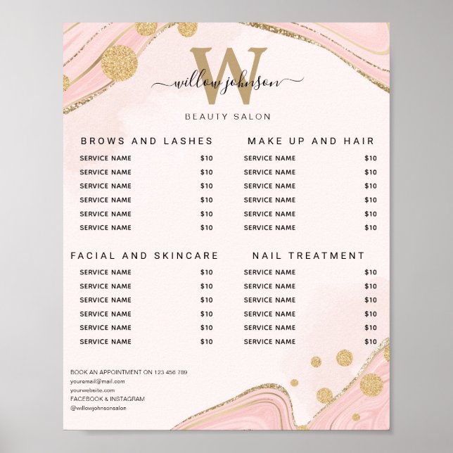 Elegant Monogram Pink Gold Marble Agate Price List Poster (Front)