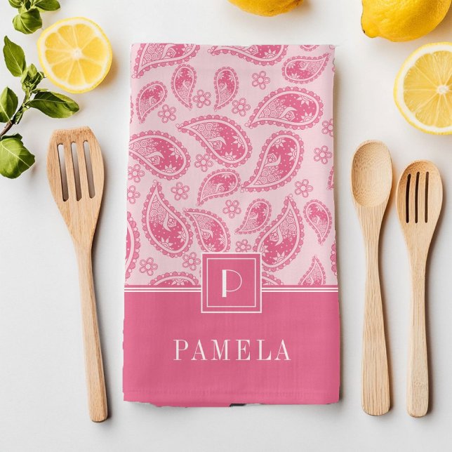 Elegant Monogram Pink Pattern Tea Towel (Elegant Monogram Pink Pattern Kitchen Towel)