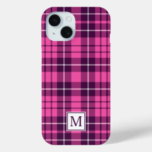 Elegant Monogram Pink Plaid iPhone 15 Case