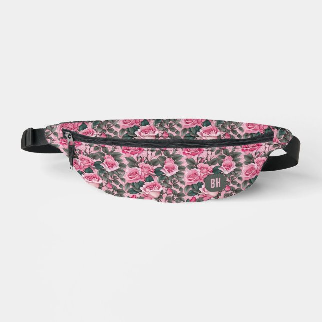 Elegant Monogram Pink Roses Bum Bags (Front)