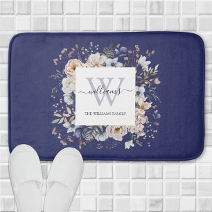 Elegant Monogram Pretty Beige Blue Flowers Floral Bath Mat