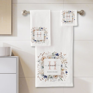 Elegant Monogram Pretty Beige Blue Flowers Floral  Bath Towel Set
