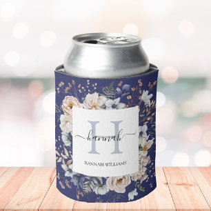 Elegant Monogram Pretty Beige Blue Flowers Floral Can Cooler