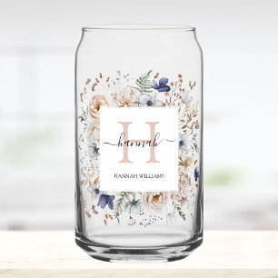 Elegant Monogram Pretty Beige Blue Flowers Floral Can Glass