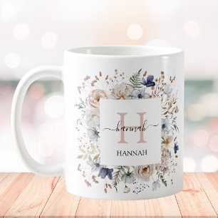 Elegant Monogram Pretty Beige Blue Flowers Floral Coffee Mug