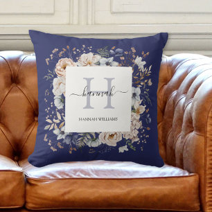 Elegant Monogram Pretty Beige Blue Flowers Floral Cushion