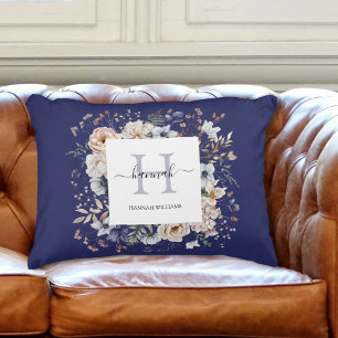 Elegant Monogram Pretty Beige Blue Flowers Floral Decorative Cushion