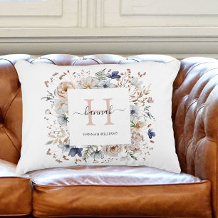 Elegant Monogram Pretty Beige Blue Flowers Floral Decorative Cushion