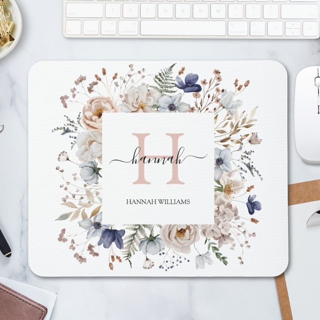 Elegant Monogram Pretty Beige Blue Flowers Floral Mouse Pad (In situ)