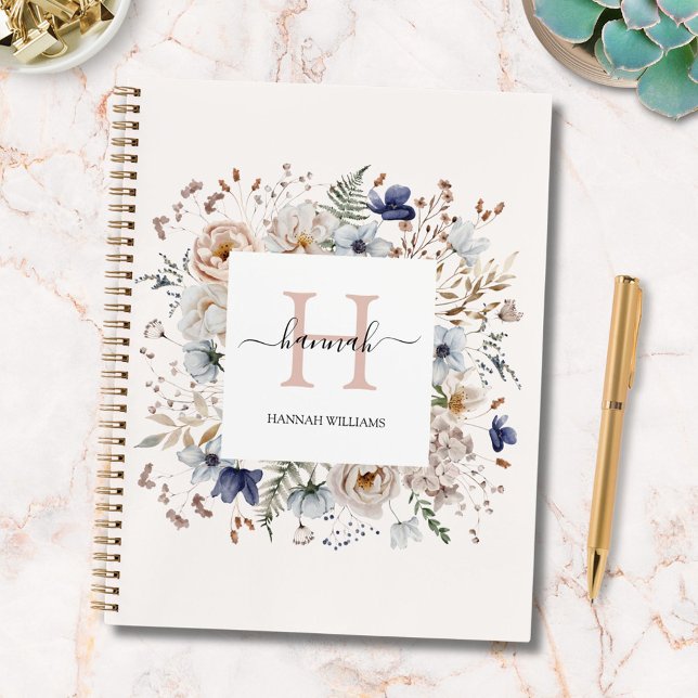 Elegant Monogram Pretty Beige Blue Flowers Floral Notebook (In situ)