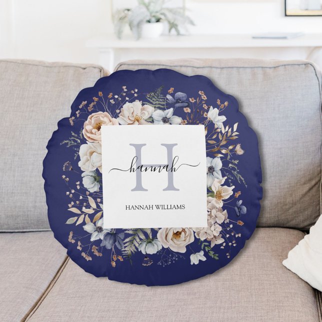 Elegant Monogram Pretty Beige Blue Flowers Floral Round Cushion (In situ)